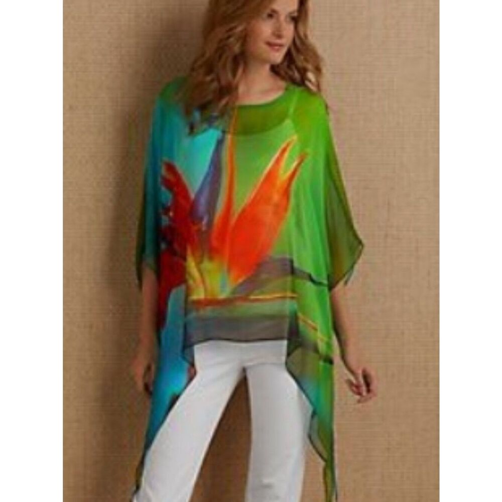 Like New! JADE Tropical Sheer Tunic Top Bird of Paradise Green/Red L/XL